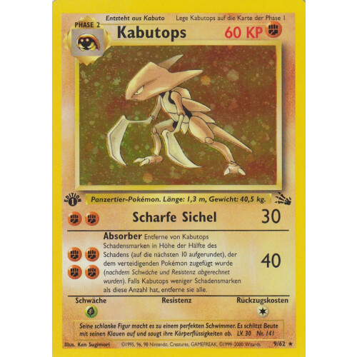 Kabutops - 9/62 - Holo 1st Edition - Good