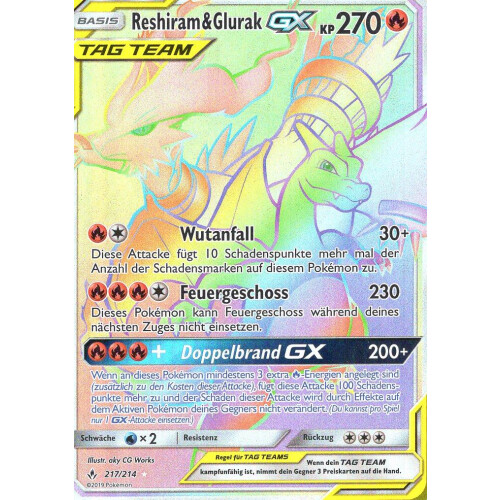 Reshiram & Glurak GX - 217/214 - Rainbow Rare - Excellent